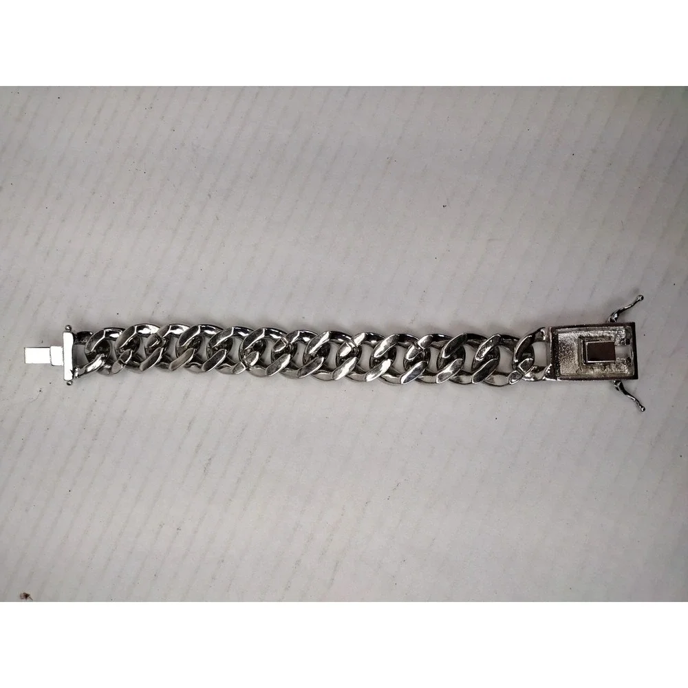 Miami Cuban Link Bracelet Silver Tone Solid Heavy Full Of Rhinestones Hip Hop